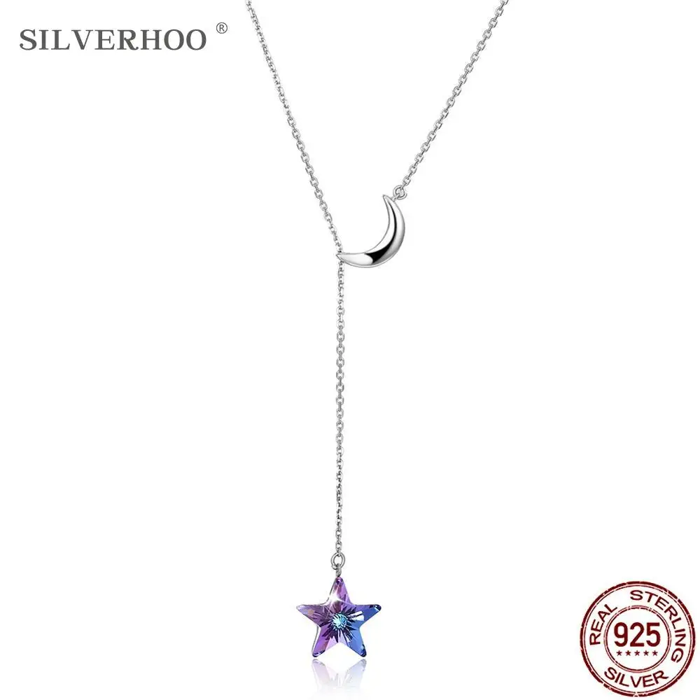 

SILVERHOO Sterling Silver 925 Jewelry Moon Star Double Chain Necklace Womenâ€™s Purple Austria Crystal Sliding Pendant Necklaces