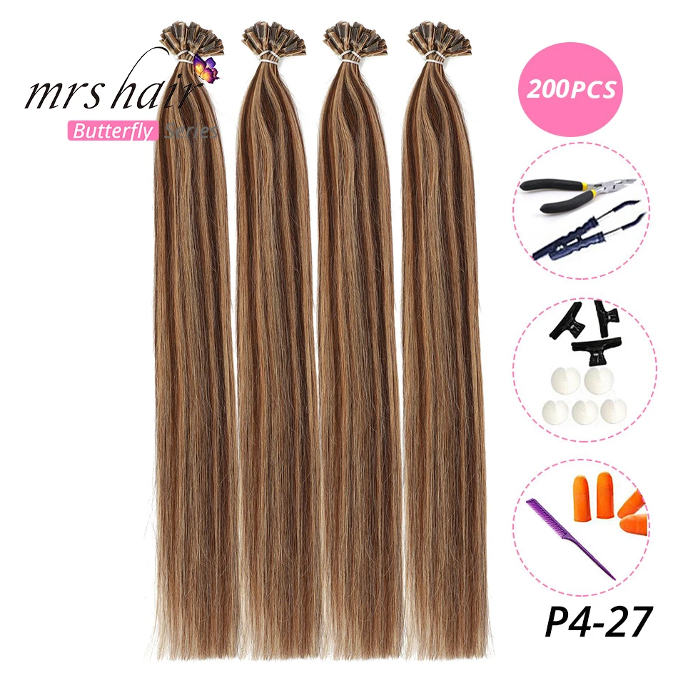 MRS HAIR, 1 г/шт., 14 дюймов, 16 дюймов, 20 дюймов, 24 дюйма, накладные волосы, прямые волосы Remy Nail, кератиновые человеческие волосы, 50 шт - Цвет: KUTP-4-27-200