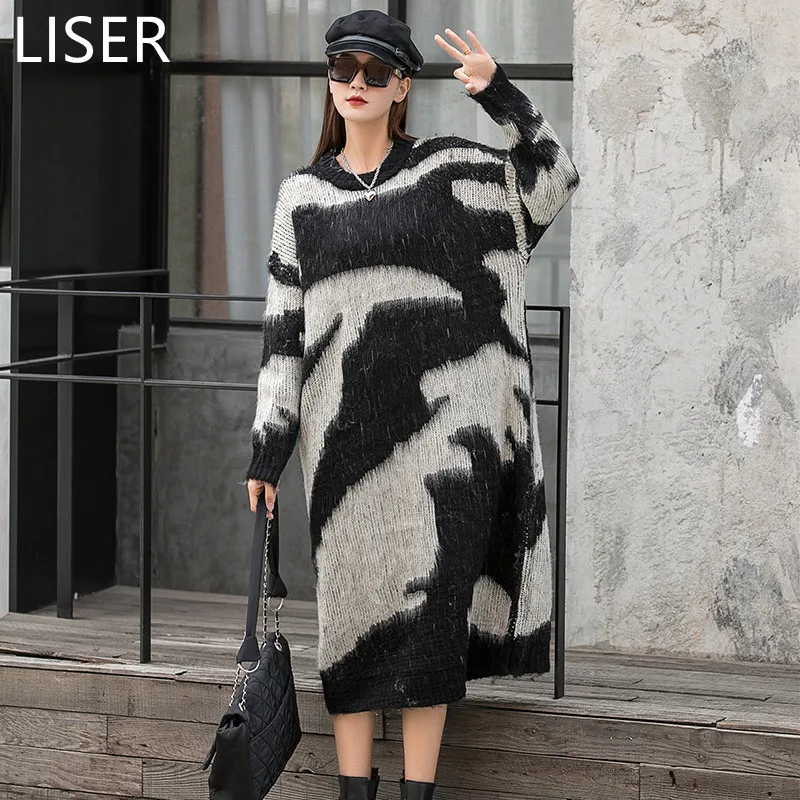 

Fashion Contrast Color Mohair Knitted Dress Women 2022 Autumn And Winter Loose Round Neck Pullover Sweater Dress LL611