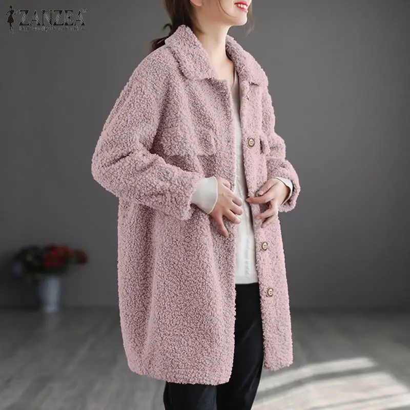 

Fashion Fluffy Coats Women Winter Jackets ZANZEA 2021 Casual Long Sleeve Outwear Female Single Button Solid Overcoats Oversized