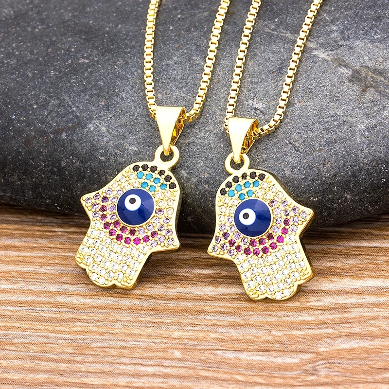 

Dropshipping Lucky Hamsa Hand Pendant Necklace For Women 9 Styles Evil Eye Palm Necklace Charm Copper Zircon Chain Jewelry Gift