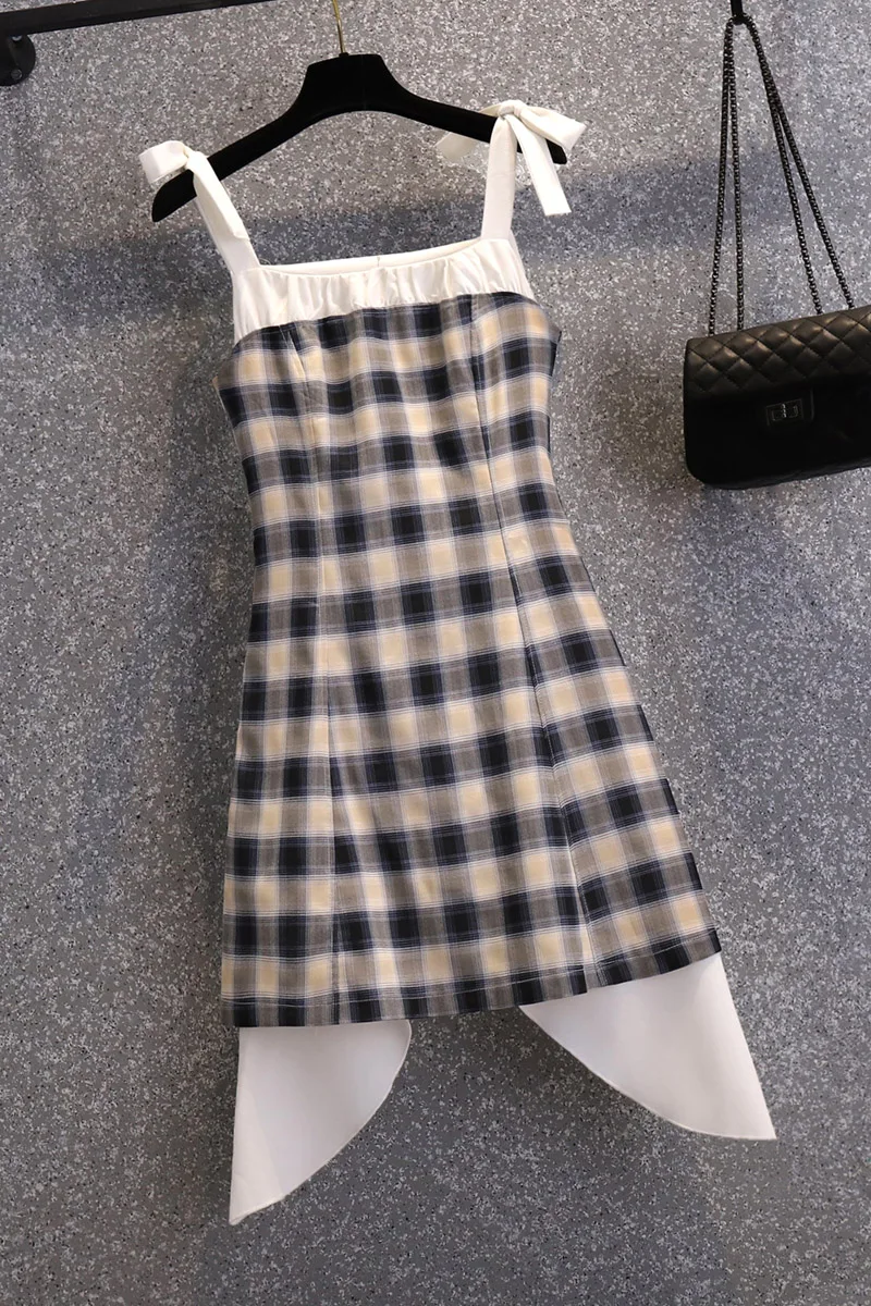 

COIGARSAM Office Lady Sleeveless Women dress New Summer Korea Style Short Sleeve Plaid Dresses 5027