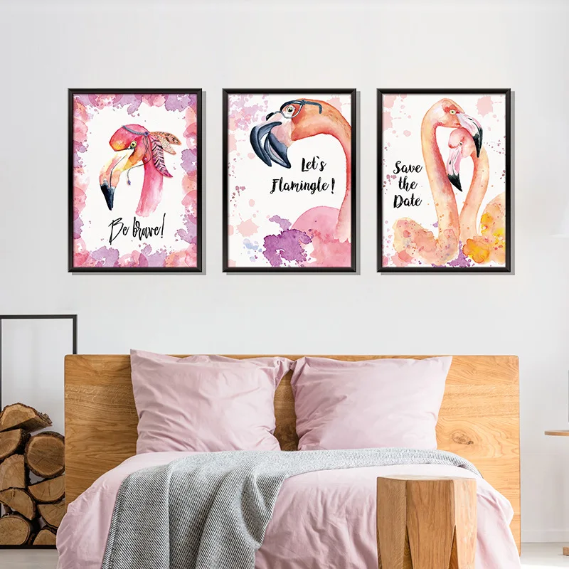 

3D triplicate watercolor Flamingo wall sticker study dormitory background decoration removable