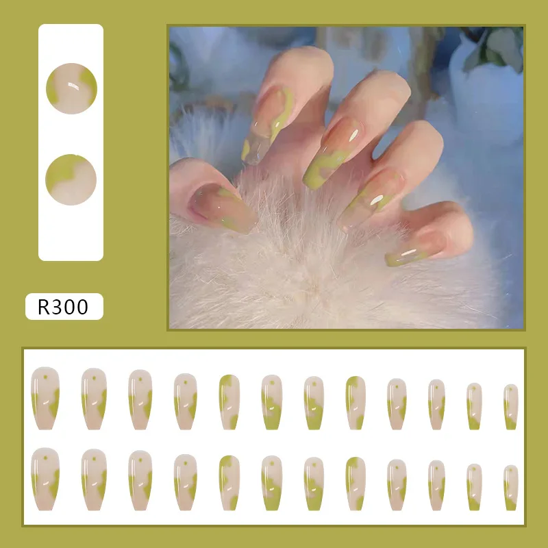 

24PCS Long Press on Nails Cute Green Graffiti Design Fake Nails Full Coverage Artificial for Women & Girls Press On Nail Tips