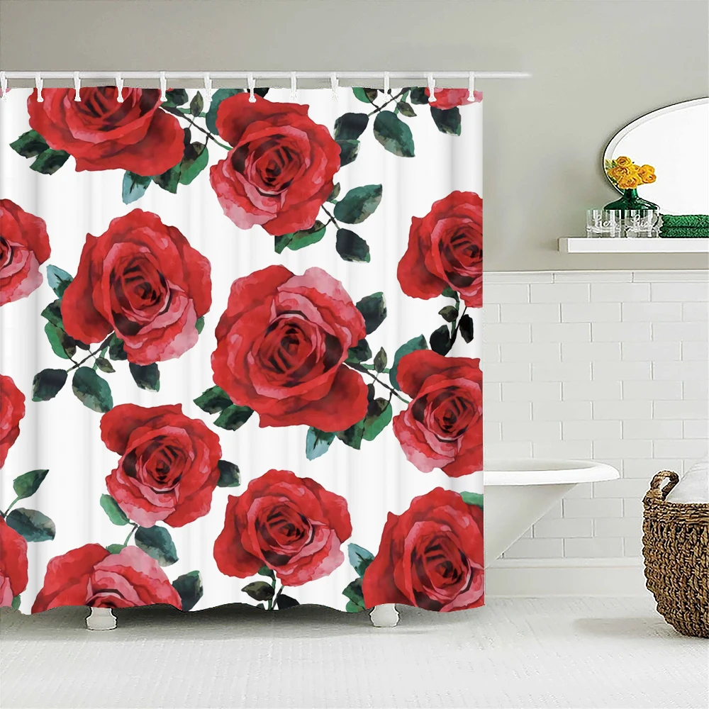 

Rose Tulip Flowers Bath Curtain Waterproof Fabric Shower Curtains leaves Plant Pattern Bathtub Screen for Bathroom Home Decor