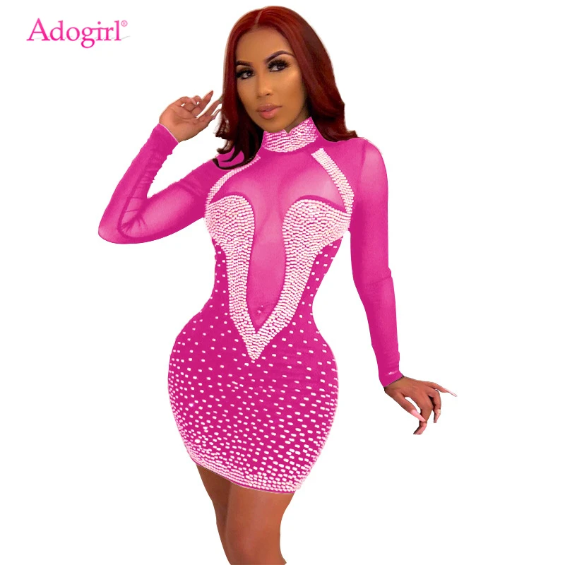 Adogirl бриллианты Sheer Mesh Bodycon Клубное платье Водолазка с длинным рукавом Женские