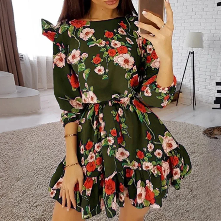 

Женское мини-платье с оборками, модное милое Цветочное платье-трапеция с круглым вырезом, лето 2022