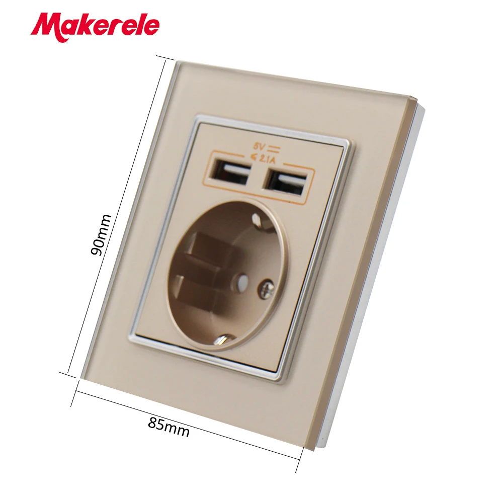 Makerele Wall Power Outlet Glass Panel 16A EU Standard Socket with 2100mA Dual USB three colors | Обустройство дома