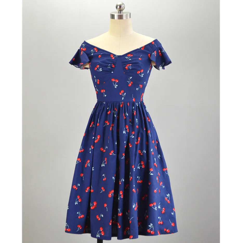 Женское винтажное платье с вишневым принтом 50s свободное темно-синего цвета