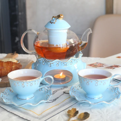 

6PCS European Style Fruit Flower Tea Cup Household Ceramic Candle Heating Glass Flower Teapot English Afternoon Tea Tea Set
