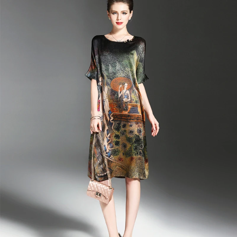 Женское шелковое платье с принтом свободное элегантное винтажное большого