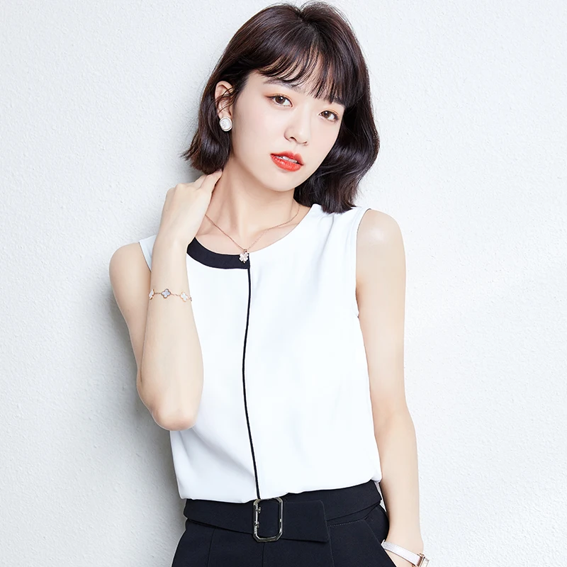 

Korean Fashion Summer Chiffon Women Shirts White Sleeveless Women Blouses Ladies Black White Womens Tops and Blouses