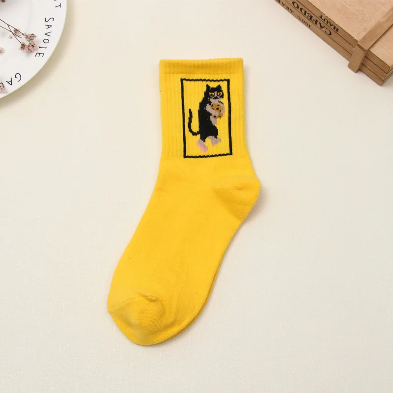 Yellow Biscuits Cat Новая мода харадзюку для женщин и девочек хип-хоп длинные носки с милыми животными носки с динозаврами для женщин забавные японские носки с героями мультфильмов - Цвет: Yellow Biscuits Cat