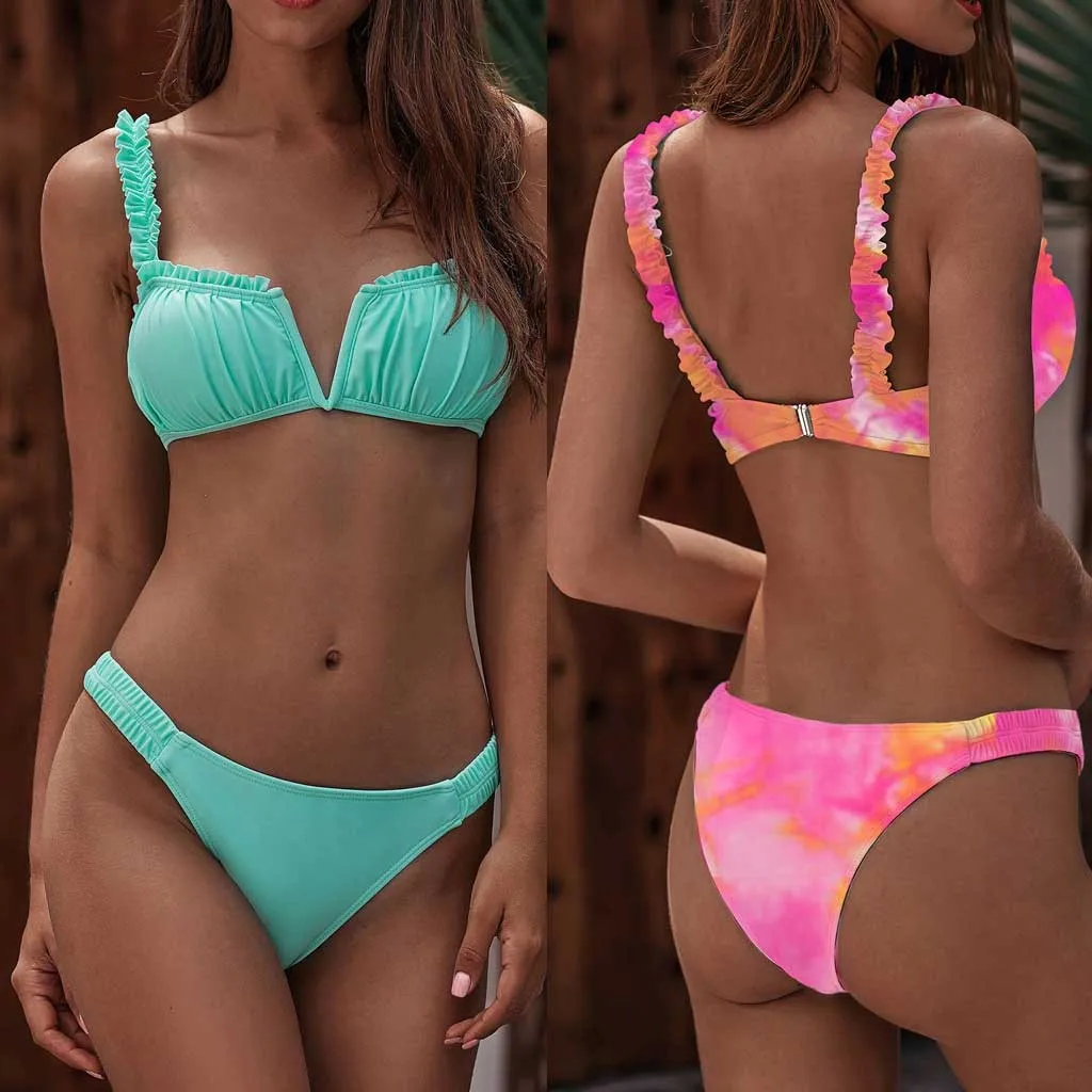 Женский купальник бикини с высоким вырезом микро wimsuit пуш ап однотонное женский