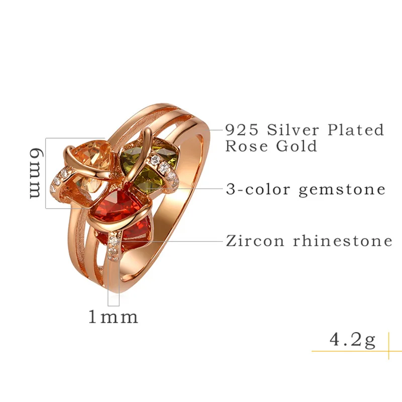 Ring Dainty Cubic Zirconia Silverware Gifts For Women Wide Rings Green Yellow Gemstones Rose Gold-color | Украшения и аксессуары