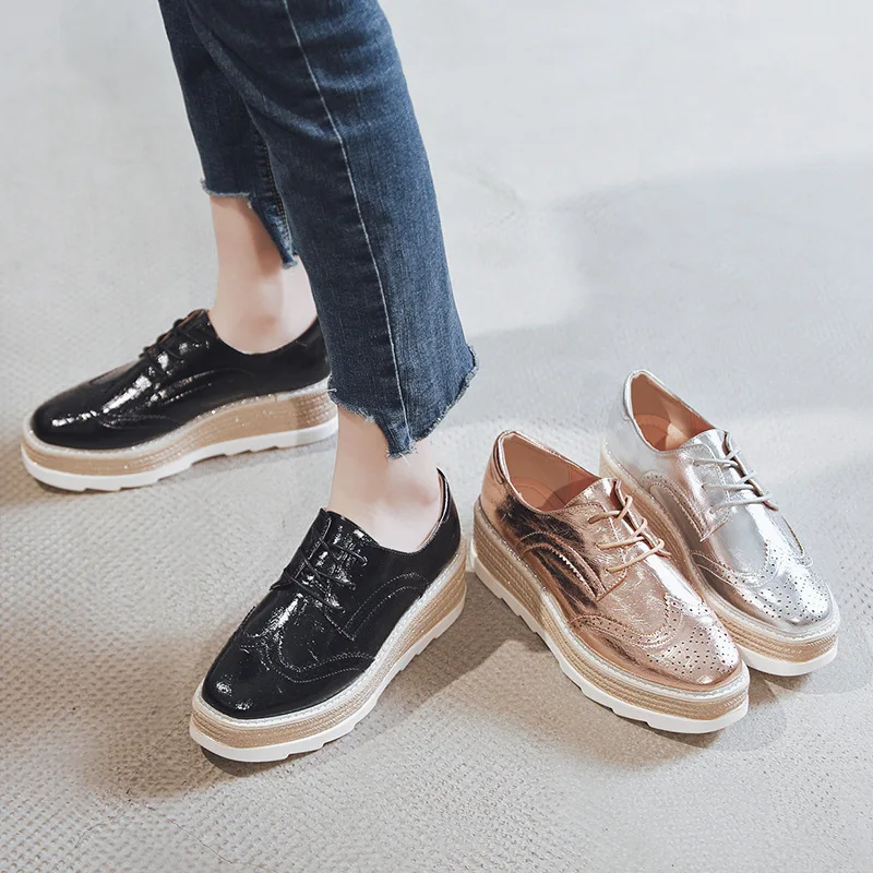 

hollow out full brogues women gold/silver bright leather platform shoes square toe oxford flats women creepers espadrilles 2020
