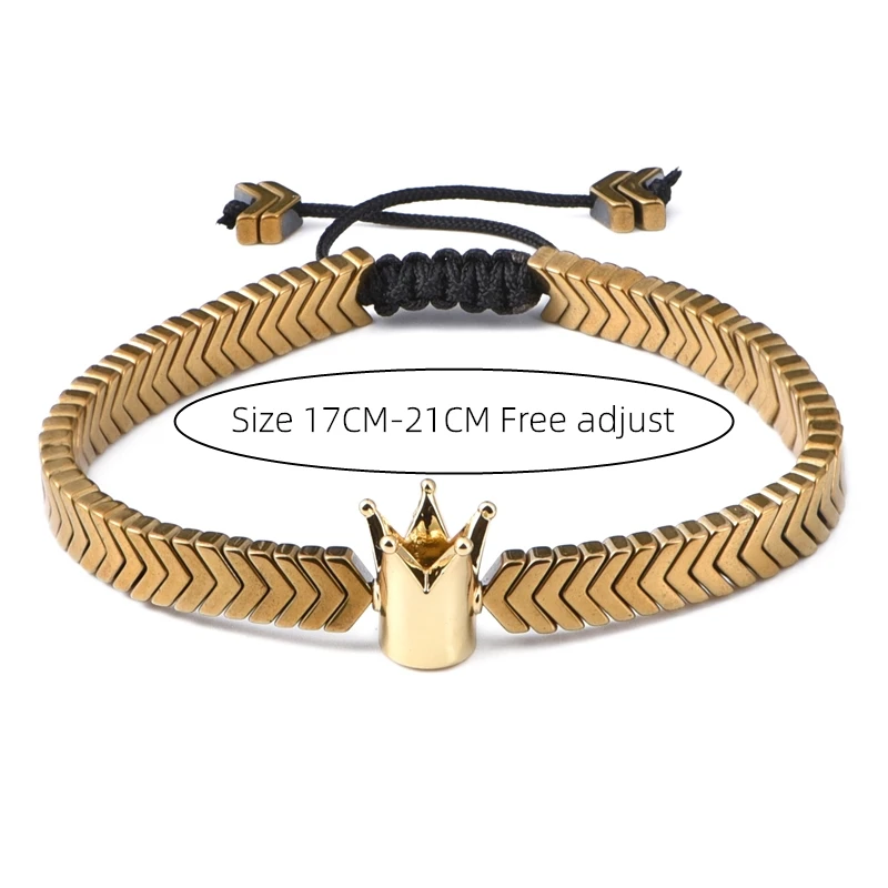 

Crown Bracelet Men Braided Rope Gold Color Classic V Design Hematite Stone Bead Trendy Wholesale Sale Jewelry Accessories