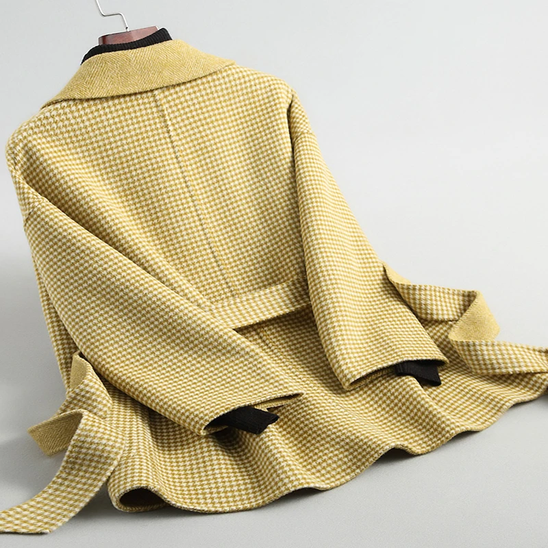 Клетчатое шерстяное пальто для женщин 2020 короткая осенне-весенняя куртка Модные