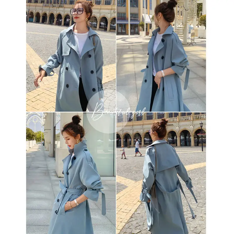 

2020 Women New Long Coat Female Autumn Winter Double Breasted Streetwear Slim Windbreaker Korean Belted Trench Ladies Outwear