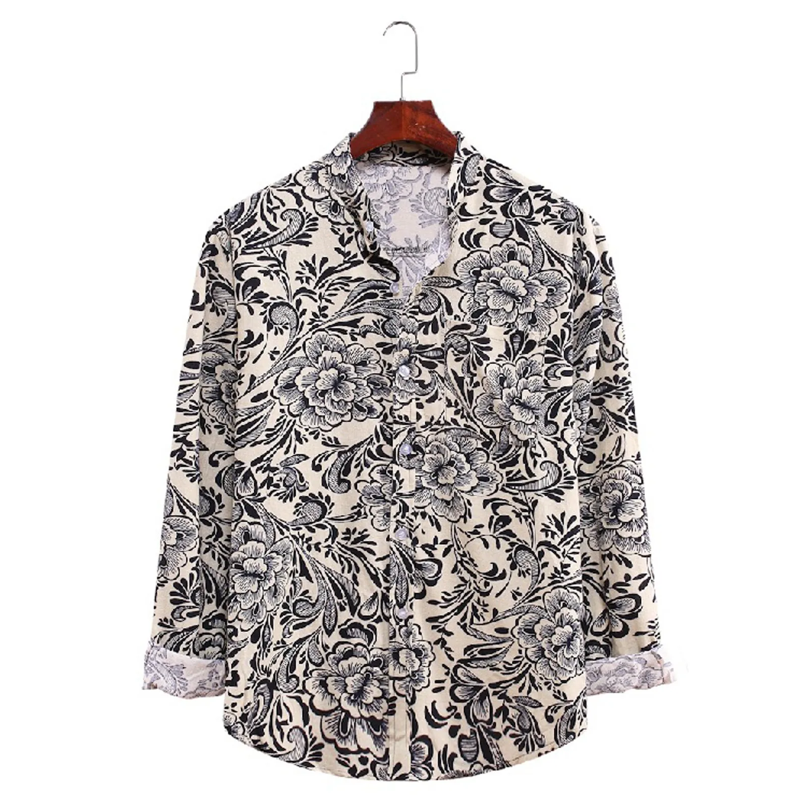 Рубашка Мужская льняная с длинным рукавом воротником-стойкой и пуговицами |