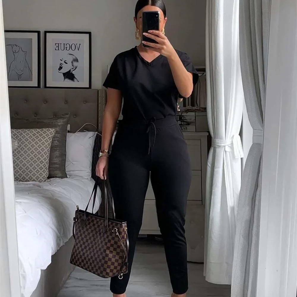 

Zoulv Spring Summer 2021 Two Piece Set Women Short Sleeve Solid Color Casual Sports V-neck Pullover Trousers Two-piece Suit