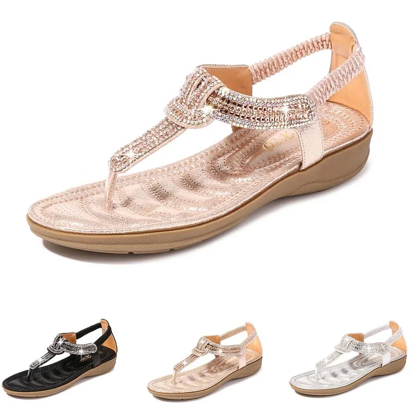 

Plus Size 42 Women Pink Flat Sandals Open Toe Luxury Rhinestones Slippers Gladiator Summer Beach Bling Chains Crystal Mujer
