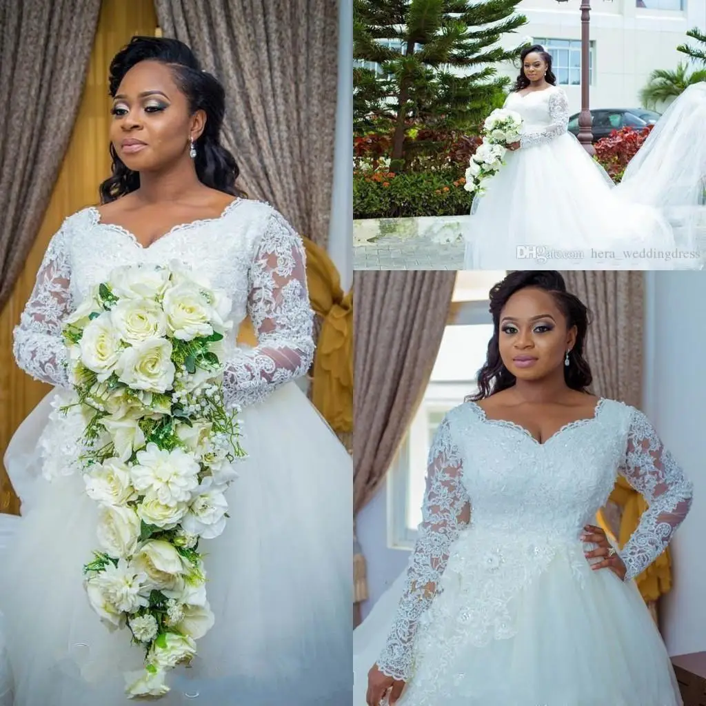 

Elegant Plus Size A Line Wedidng Dresses V Neck Lace Applique Chapel Long Sleeve Wedding Dress Bridal Gowns for Black Girls