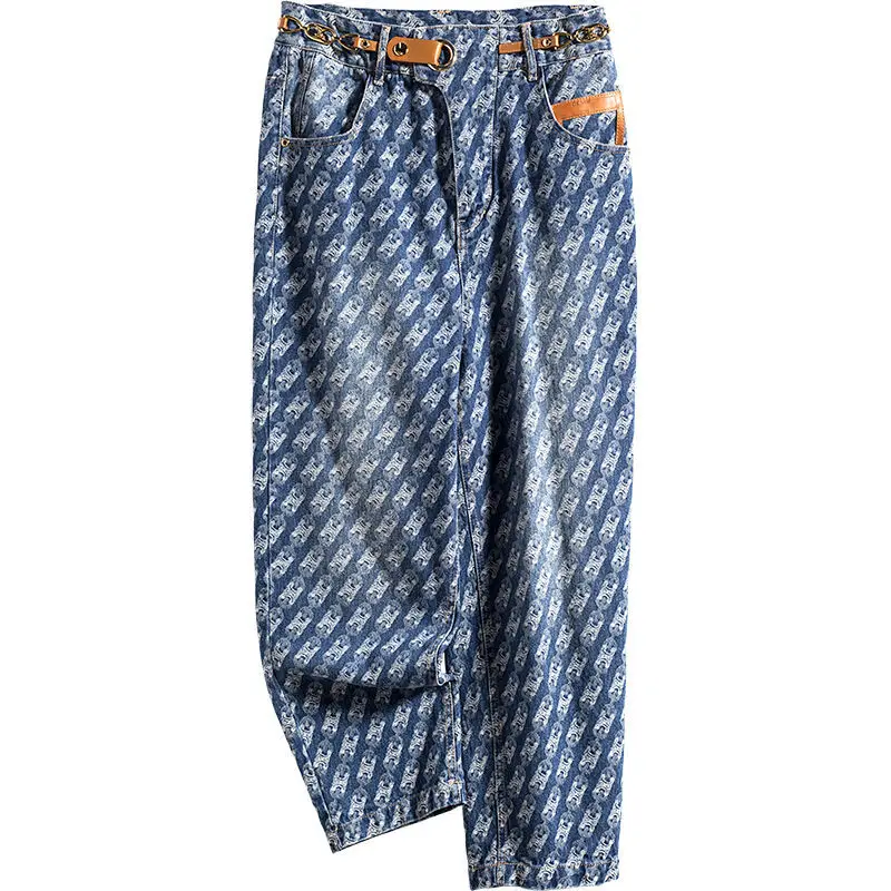 

Fashion color design sense jeans children elastic waist casual pants tide 2021 new nine turnip pants