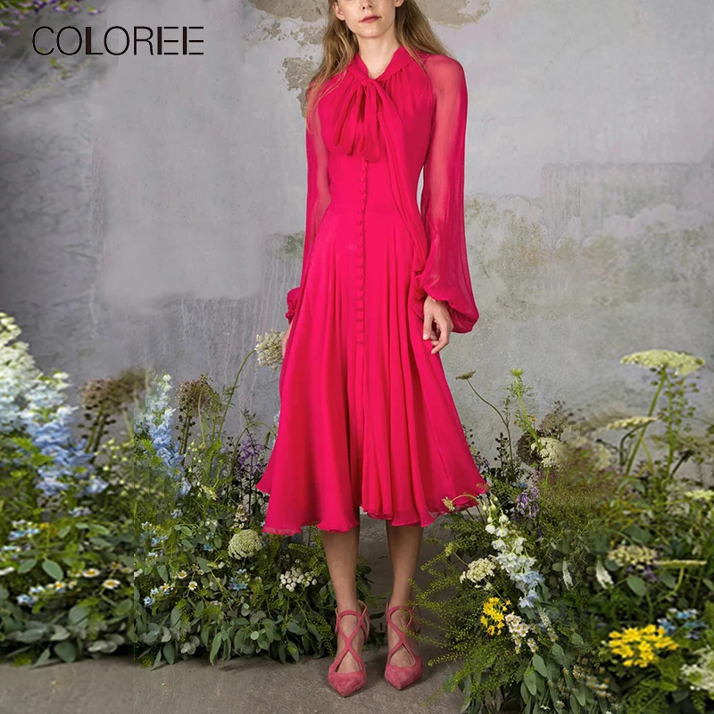 Женское красное платье COLOREE Элегантное однобортное с бантом воротником и
