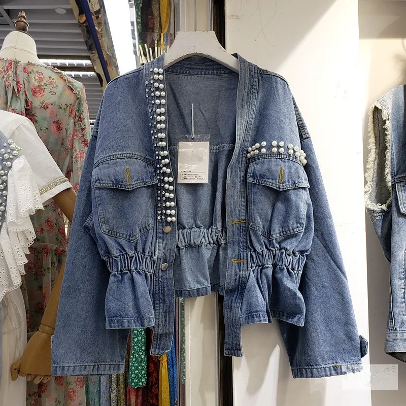 

Autumn Korean Beading Diamonds Denim Jacket Coat Women Loose Short Outwear V-Neck Elastic Waist Long Sleeve Jeans Jacket Female