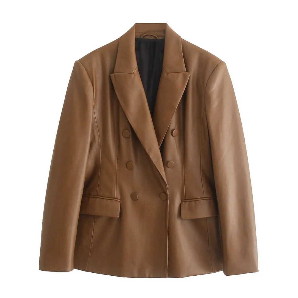 

ZA2021 spring and autumn new women's jacket imitation leather lapel long-sleeved double-breasted solid color casual suit jacket
