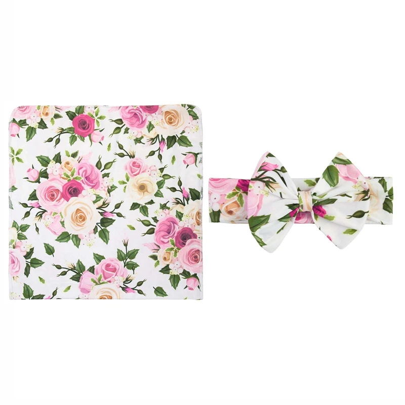 

Newborn Baby Floral Swaddle Blanket Receiving Swaddle Wrap Headband Photography Prop Infant Sleeping Swaddle Wrap Headband