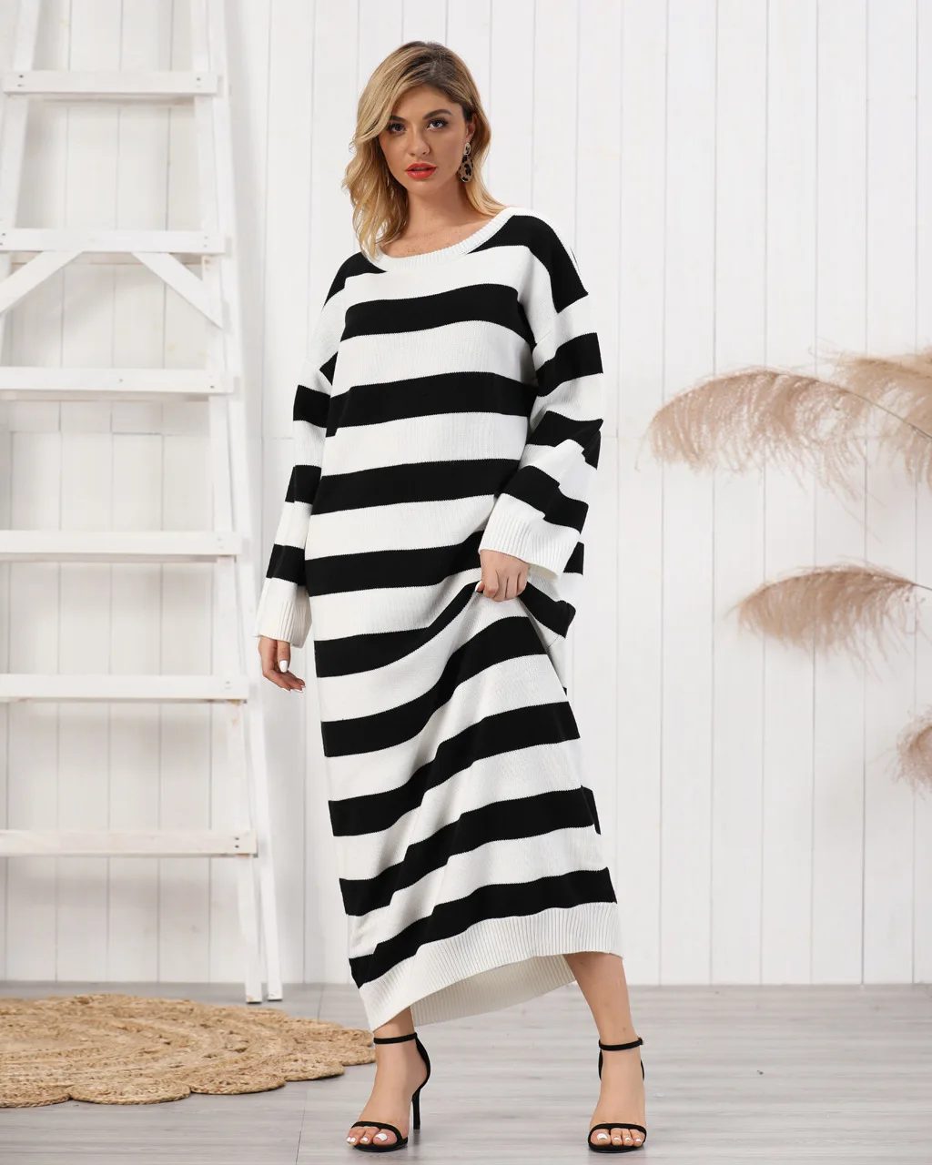

Turkey Muslim Women Knit Striped Dress Moroccan Kaftan Party Maxi Vestido Robe Femme Musulman Prayer Garment Islamic Clothing