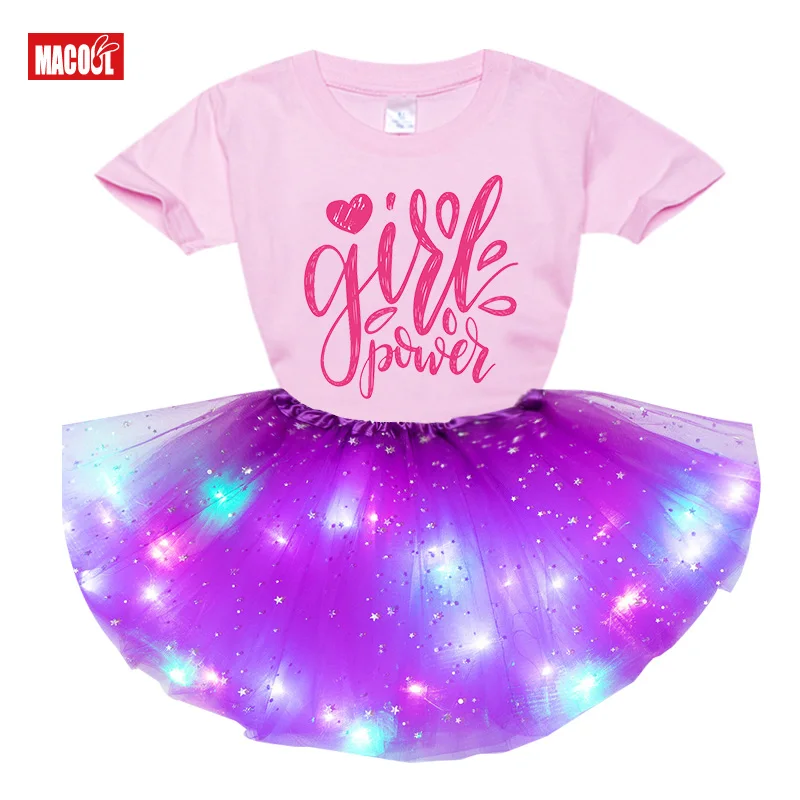 

Baby Girls Clothes Sets 2021 Summer Short Sleeve T-shirt + Luminous Dress 2Pcs Kids Girls Clothing Dress Suit Birthday Present
