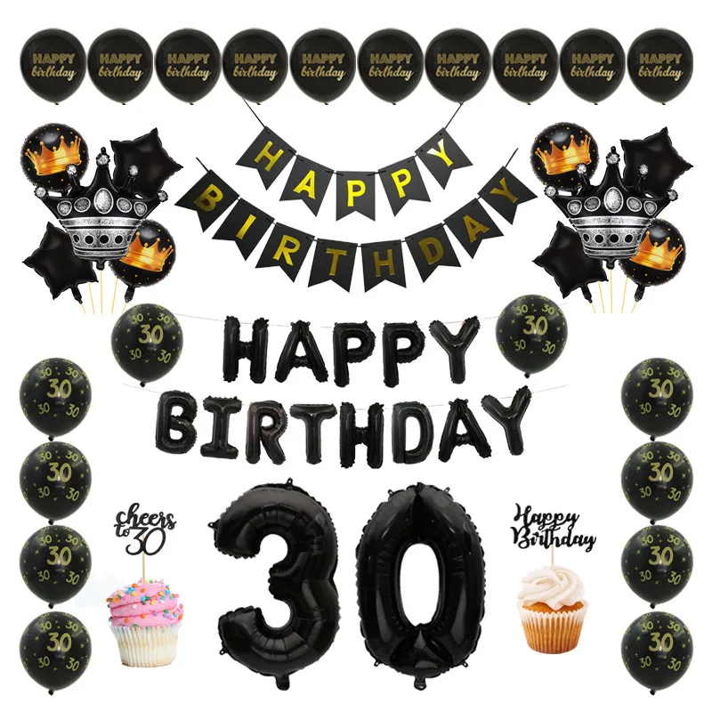 

30 Year Old Party Decoration Happy Birthday Banner Number Balloons Cupcake Toppers Adult Men Women 30th Anniversary Supplies