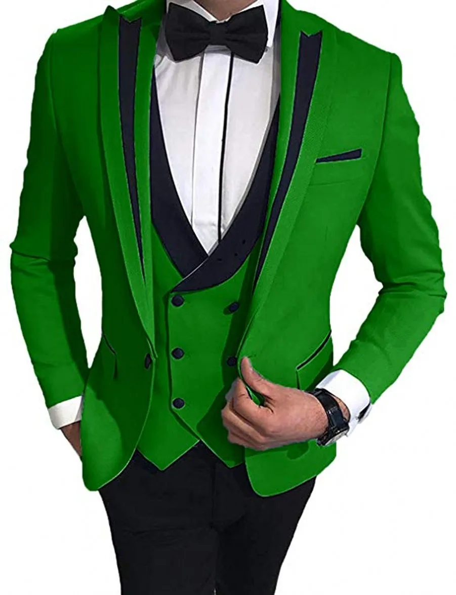 

One Button Men Suits Green and Black Groom Tuxedos Peak Lapel Groomsmen 3 Pieces Set ( Jacket+Pants+Vest+Bow Tie ) D352