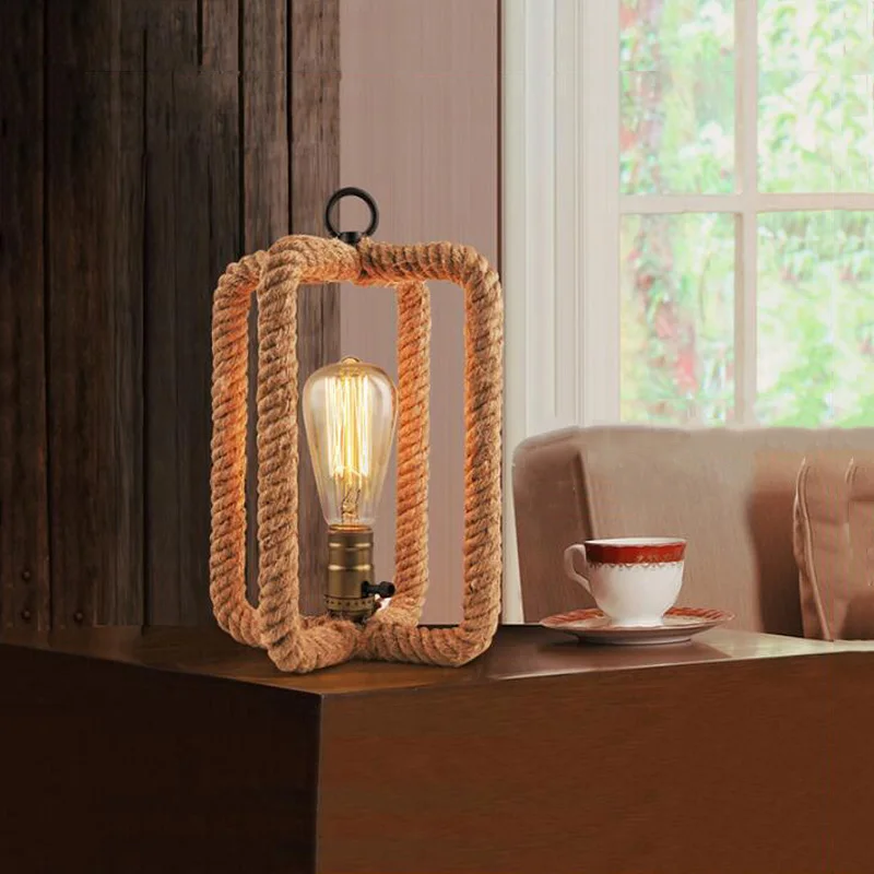 Американский Ретро Лофт Настольный Светильник E27 пеньковая веревка светильник