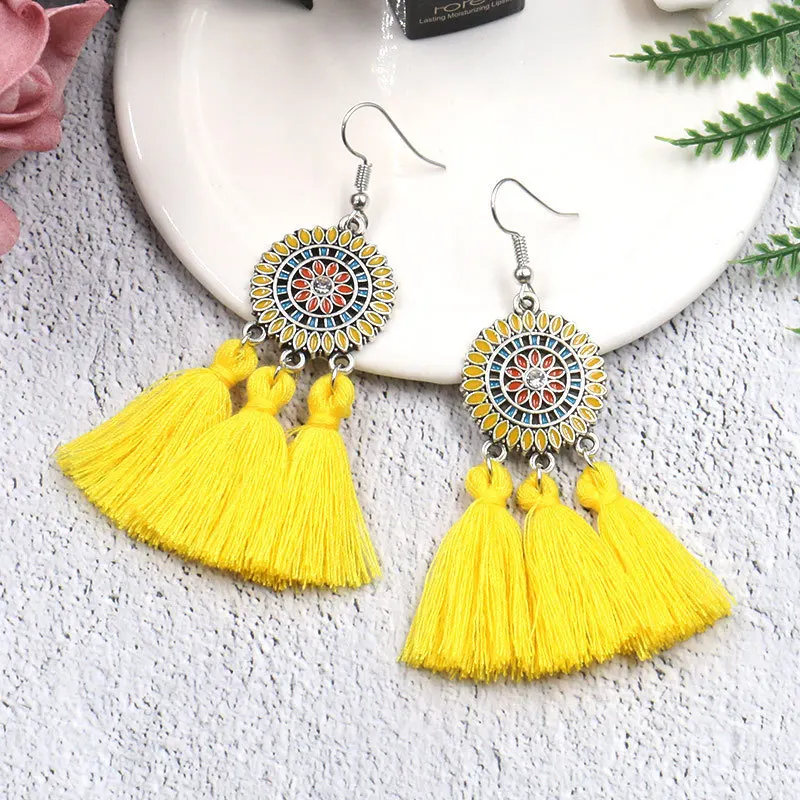 

Hot Selling Sunflower Earrings Wholesale Item Fashion Long Tassel Dangle Earrings Women Jewelry