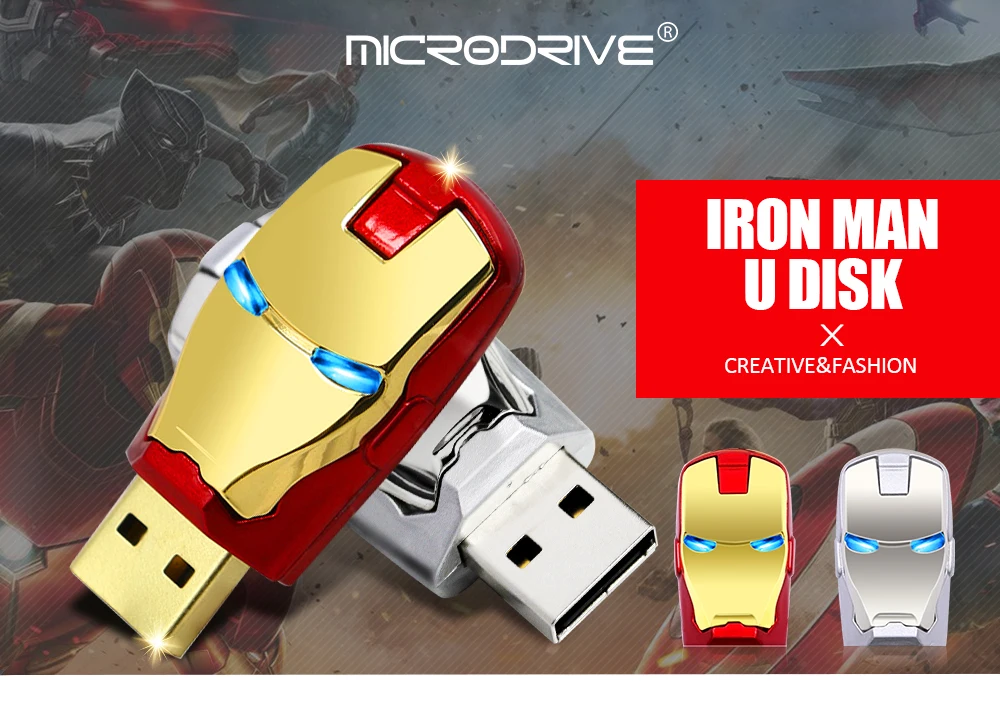 Железный человек, USB флеш-накопитель, 8 ГБ, 16 ГБ, 32 ГБ, 64 ГБ, 128 ГБ, металлический USB флеш-накопитель, светодиодный светильник, флеш-накопители, флеш-накопители, мужской подарок