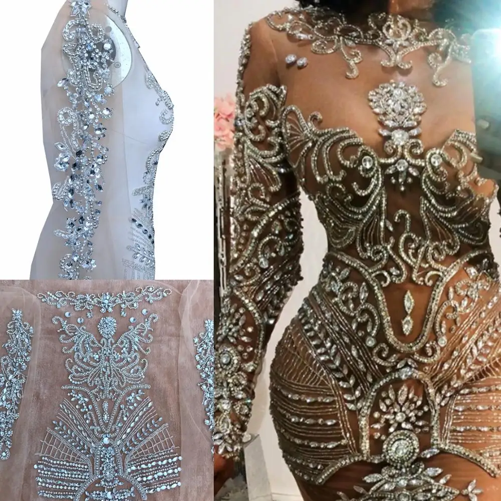 handmade silver rhinestones applique on nude net full body crystal patches bodice mesh for dress accessory