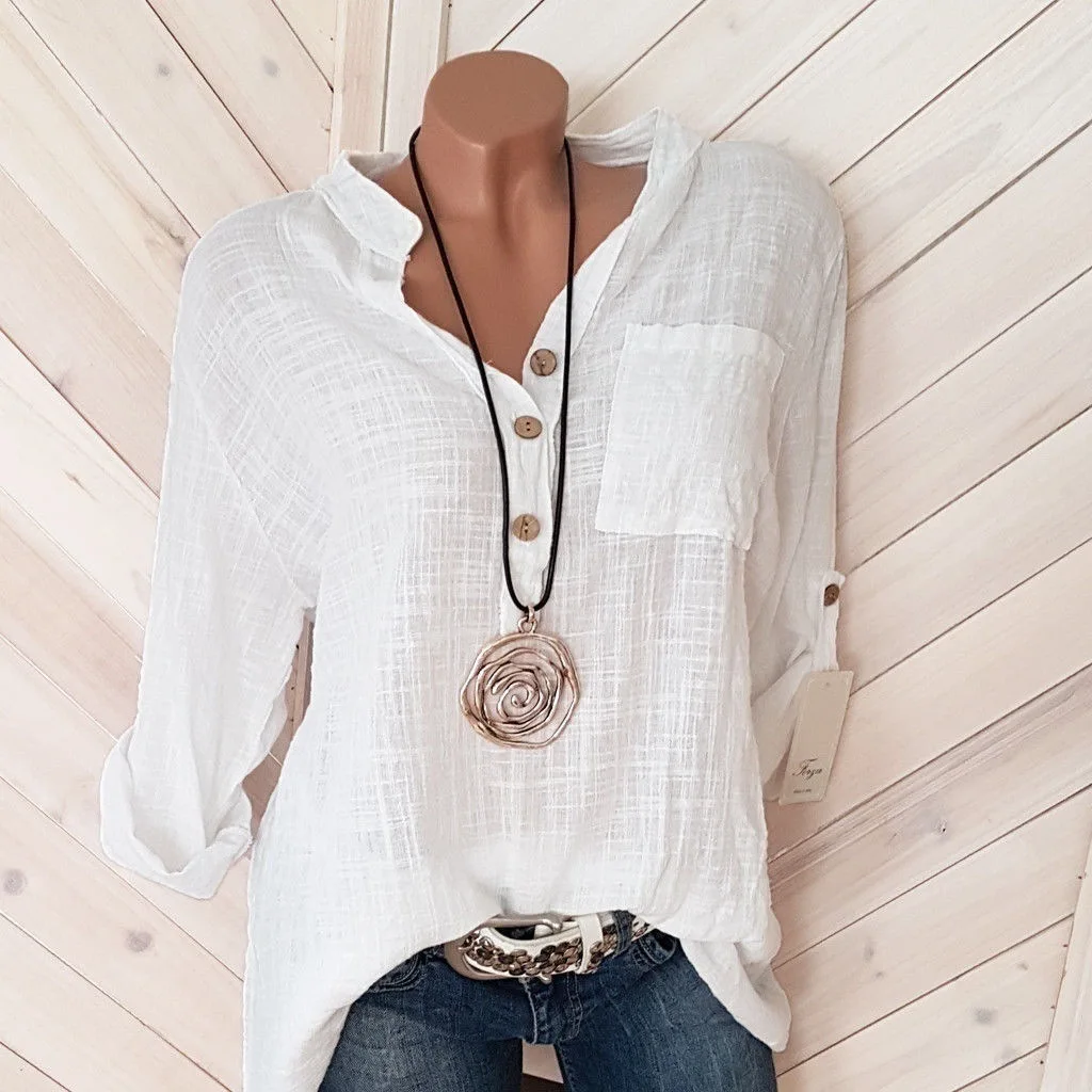

Oversized Women Blouses Cotton Linen Blouse Autumn Shirts Casual Long Sleeve Button V Neck Loose Shirt Lady Tops Plus Size S-5XL