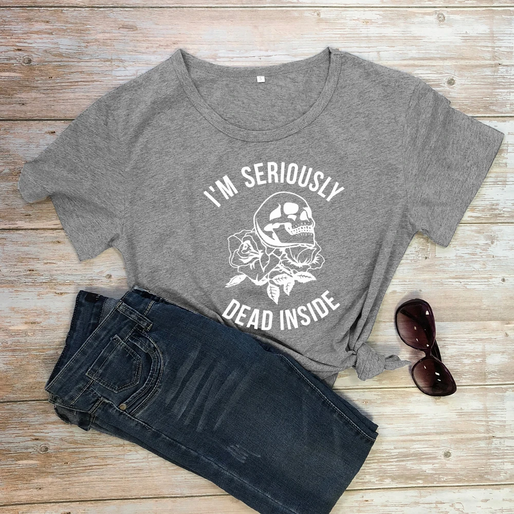 dark gray-white text Футболка с принтом «I'M Dead Inside Skull»; Летняя Повседневная футболка с короткими рукавами и принтом в виде черепа; стильная футболка в стиле Харадзюку С гранж; модные топы; Camisetas - Цвет: dark gray-white text