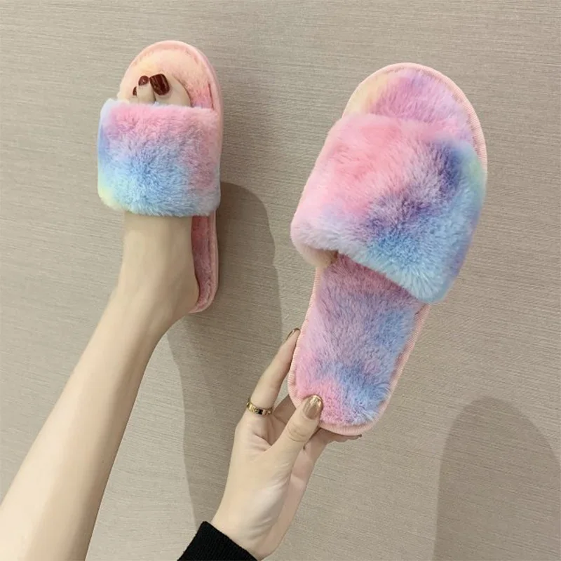 

Ladies Slippers Fashion Indoor Plush Slipper Women Non slip New Brand Shoes Faux Fur Winter Warm 2020 Open Toe Flat Footwear