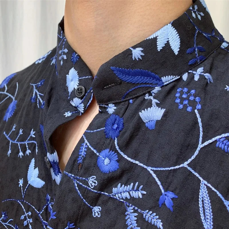 

Mens Flowers Shirt Design Stand Collar Embroidery Long Sleeve Shirts Slim Fit Single Breasted Cotton Tops Vintage Shirts Male