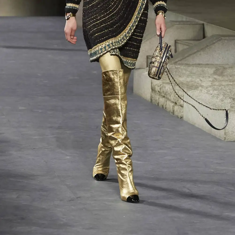 

RIBETRINI Luxury Gold Women Solid Over The Knee Shoes Women Pointed Toe Metal Decoration Boots Zipper Boots