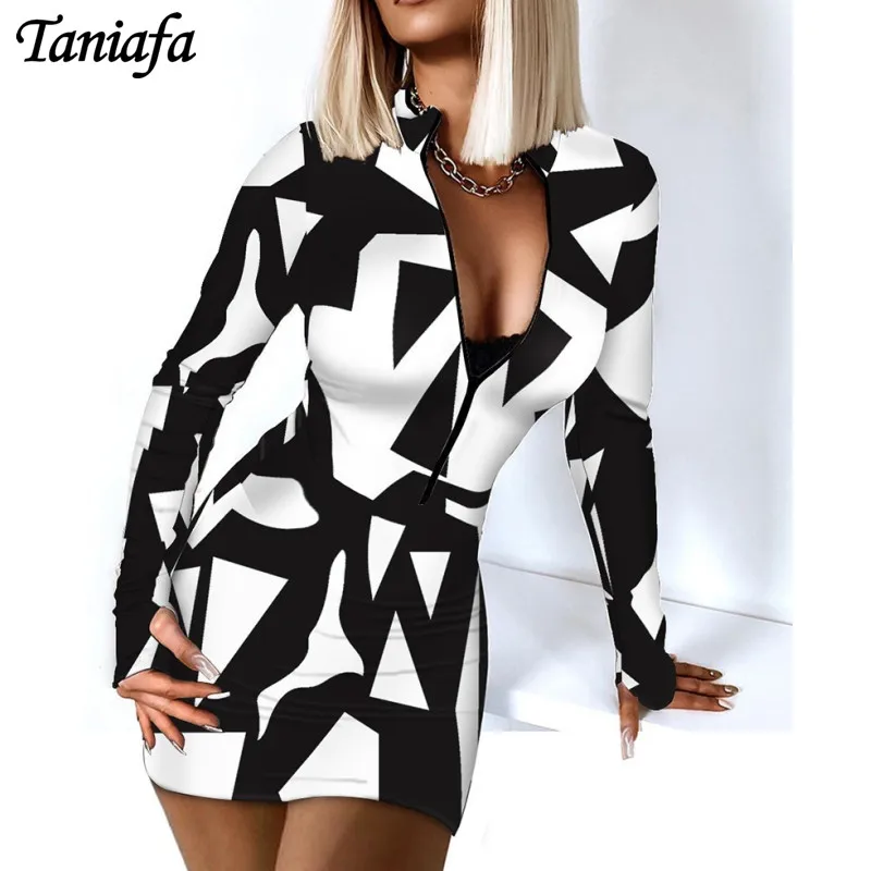

Sexy Women Slim Package Hip Dress Lady Long Sleeve V Neck Zipper Bandage Dress Printed Casual Mini Dress