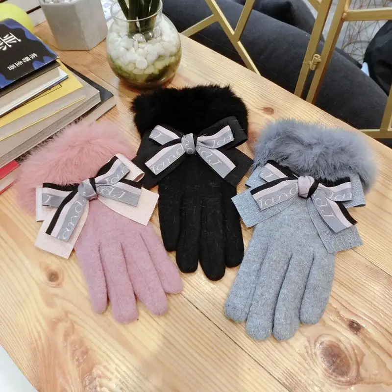 Женские кашемировые перчатки с кроличьим мехом корейская мода зимние теплые