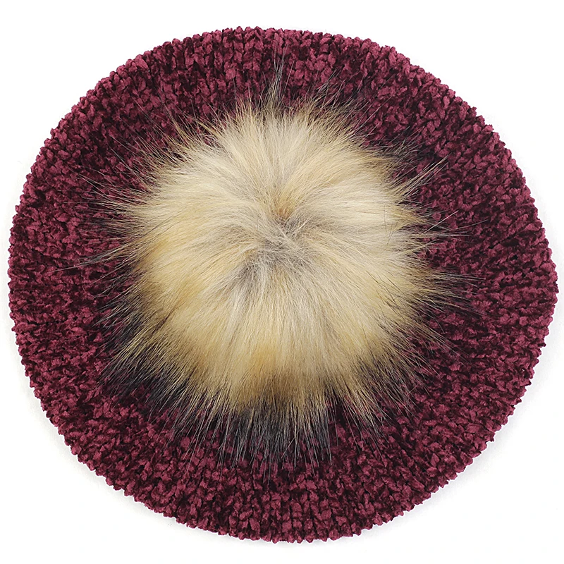 Wine red 16 Geebro, женские зимние теплые вязаные береты из синели с помпоном из искусственного меха, элегантные женские шапки, чепчик для девочки, простые шапки, берет - Цвет: Wine red 16