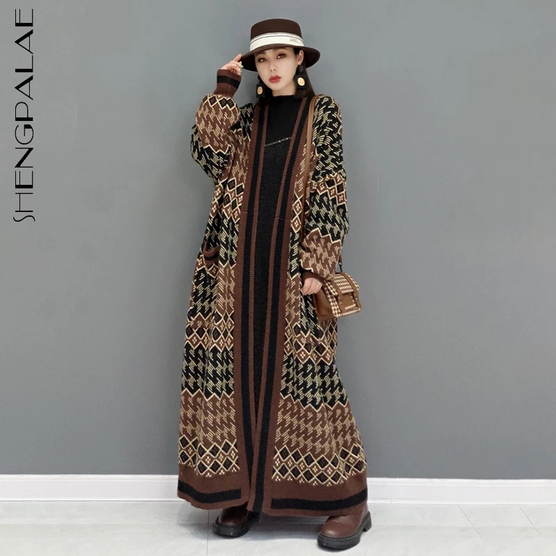 

SHENGPALAE модный шикарный коричневый вязаный кардиган для женщин, осень 2021, Новый Свободный Длинный свитер с v-образным вырезом и длинным рукаво...