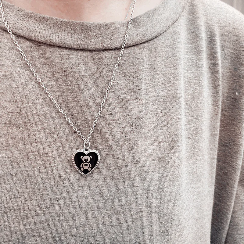 Kpop Fashion Chain Black Heart Cartoon Pendant Necklace For Women 2022 Couple Party Jewelry |